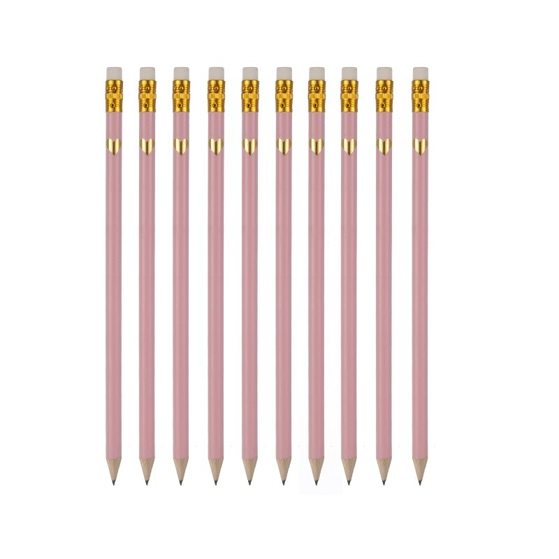 10 Pack of Pink Pencils with Gold Heart