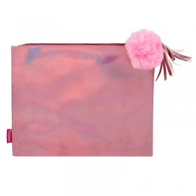 Pink Hologram PU Leather Pencil Case with Pom Pom